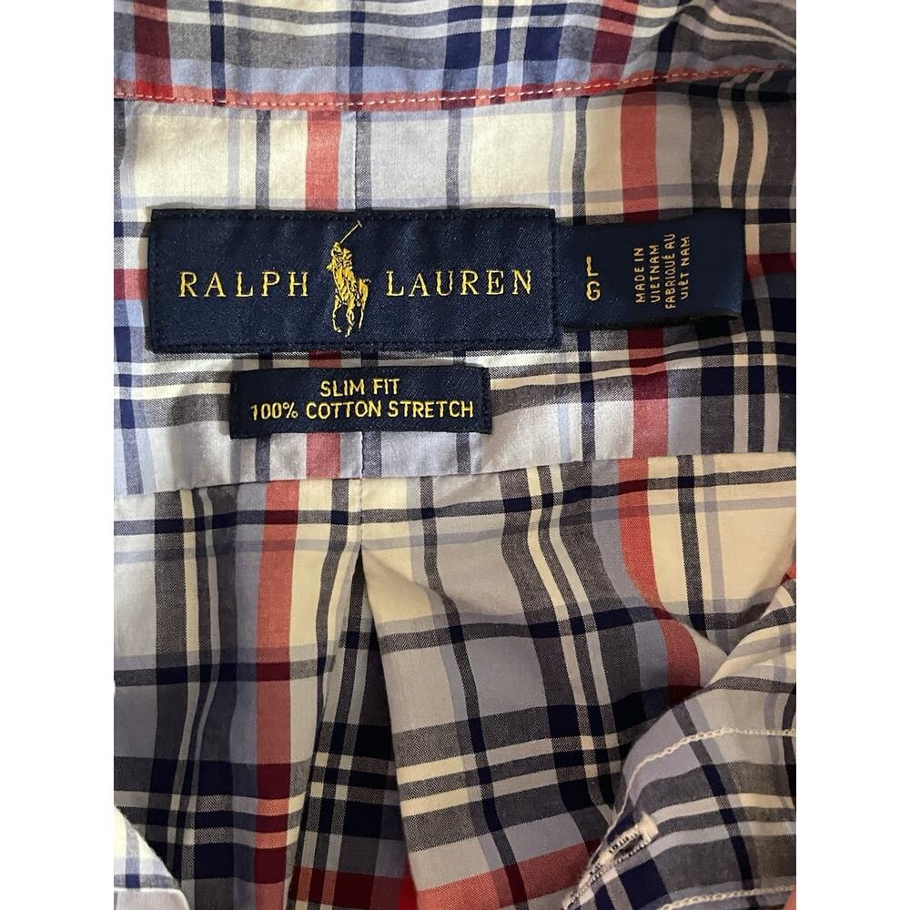 Ralph Lauren Button Down Shirt Mens Large Blue Red Plaid Slim Fit Cotton Stretch